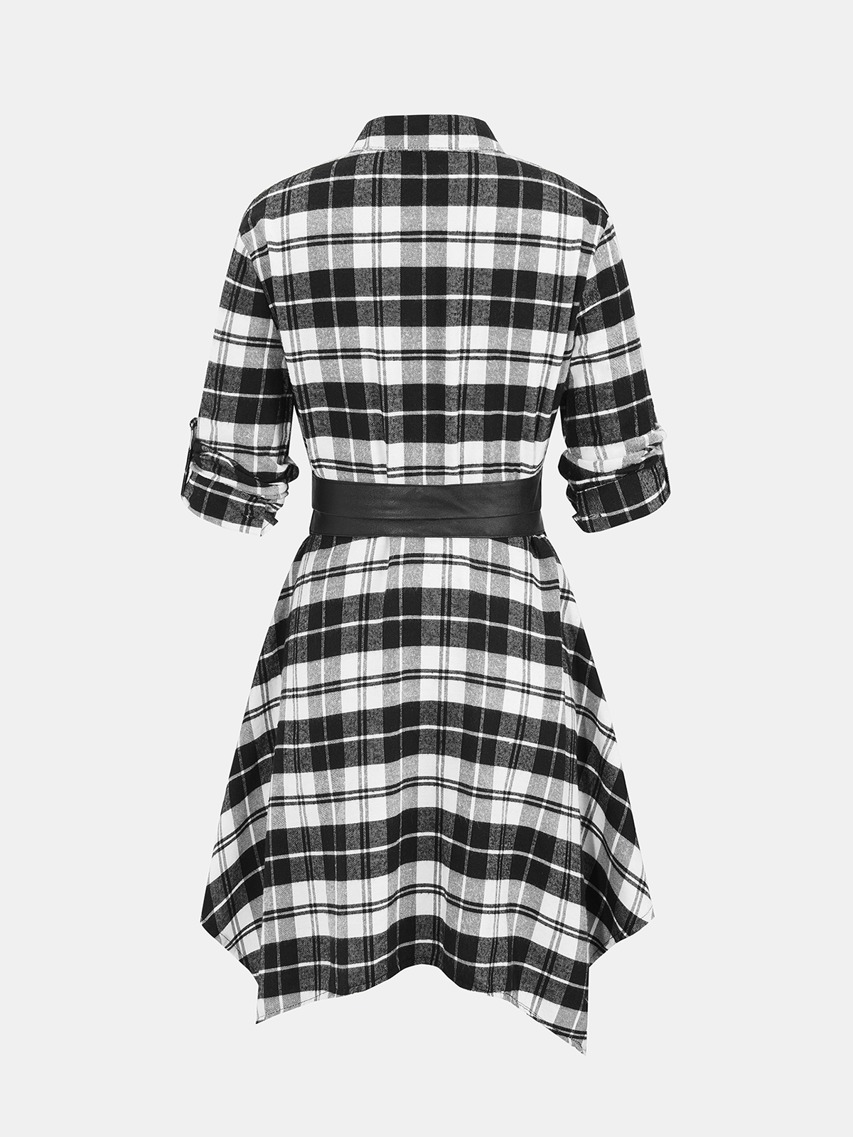 Adjustable Sleeve Plaid Dress with Cinched Waist