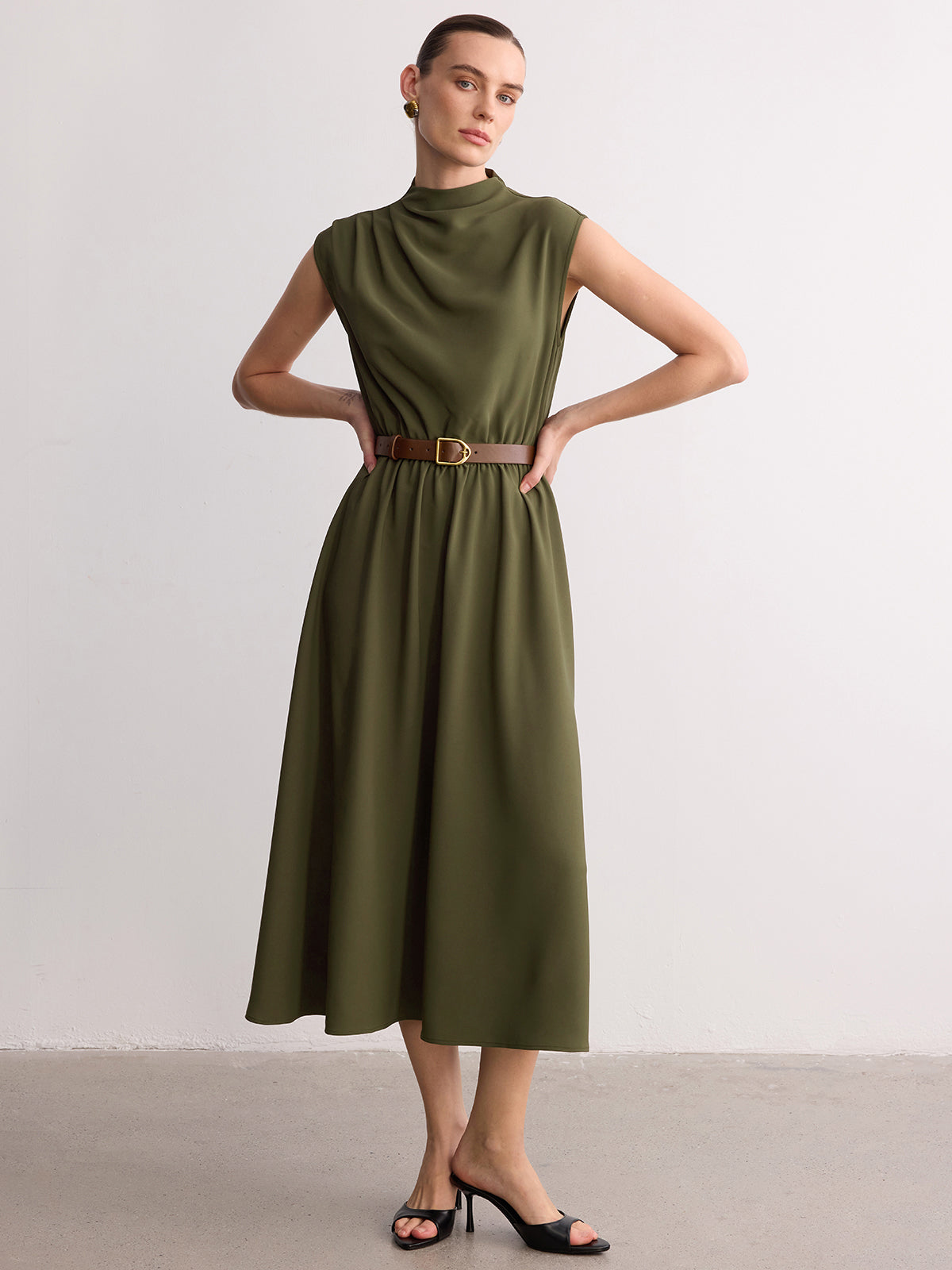 Sleeveless Mock Neck Maxi Dress with Belt
