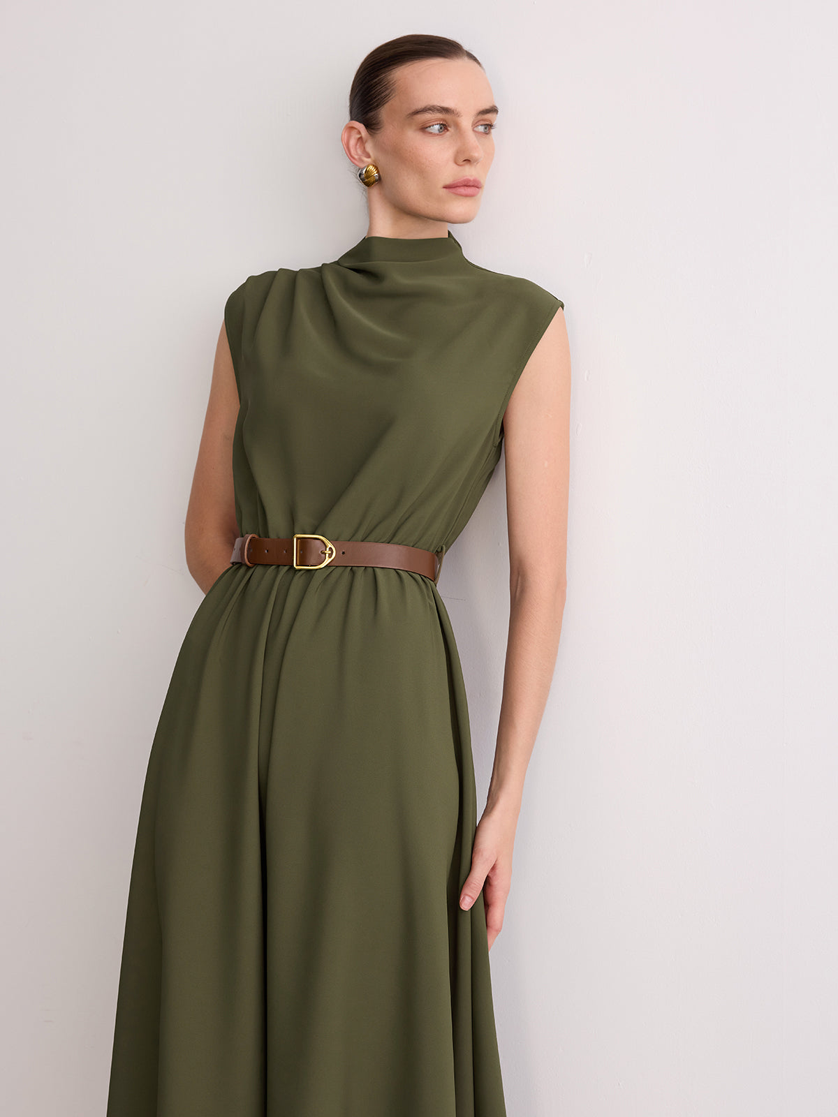 Sleeveless Mock Neck Maxi Dress with Belt