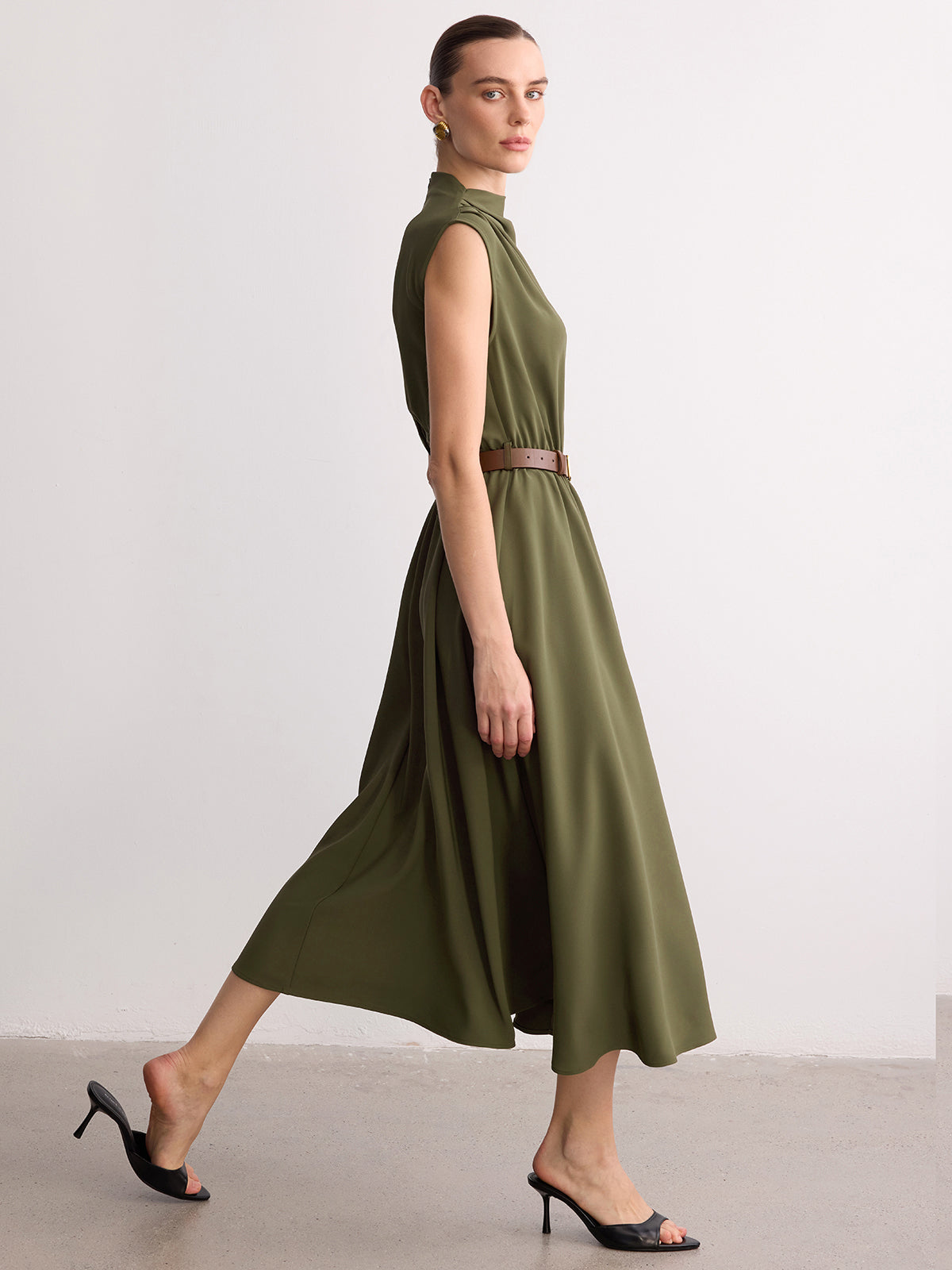 Sleeveless Mock Neck Maxi Dress with Belt