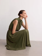 Sleeveless Mock Neck Maxi Dress with Belt
