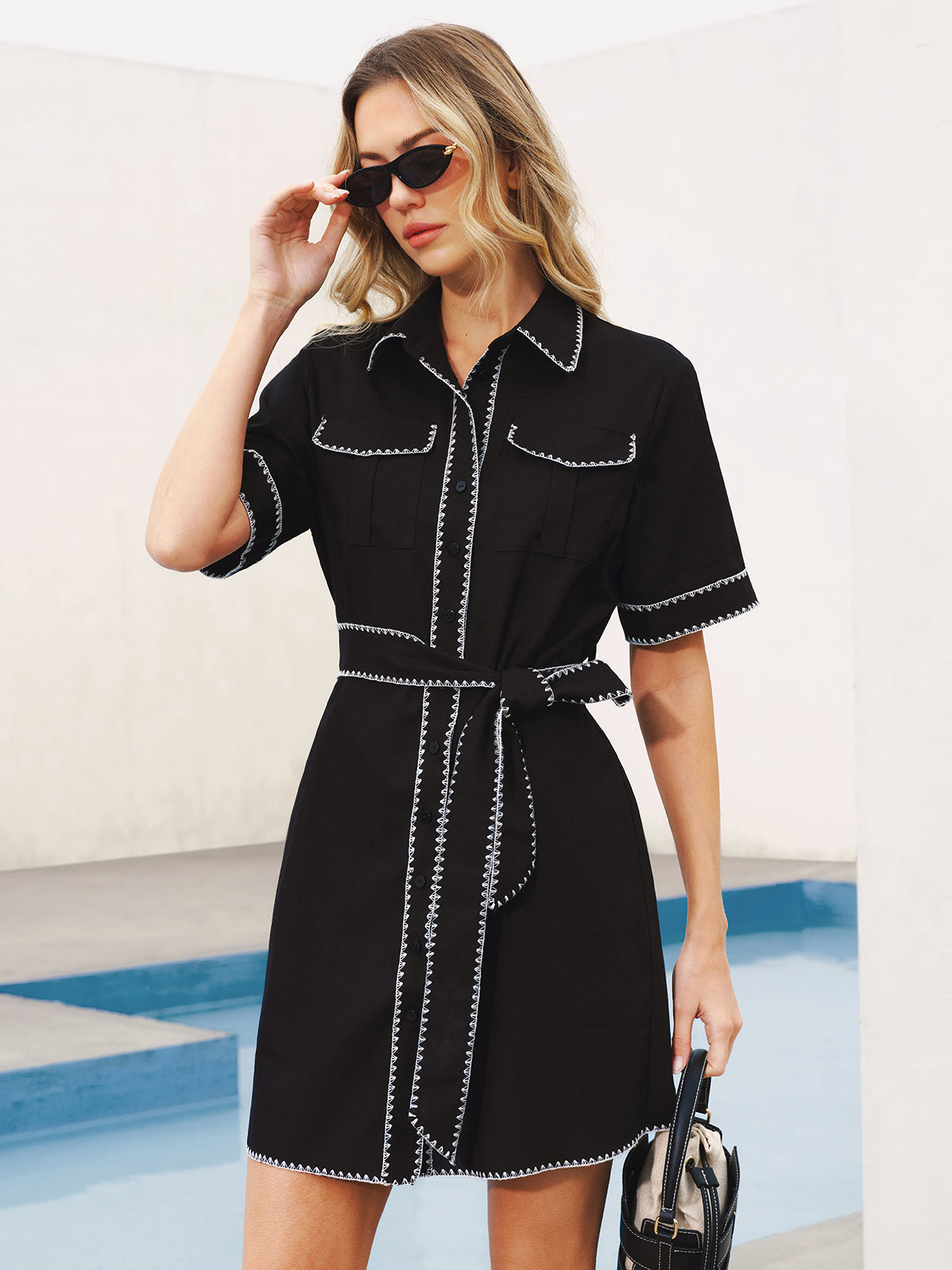 Belted Shirt Dress with Contrast Stitching Details