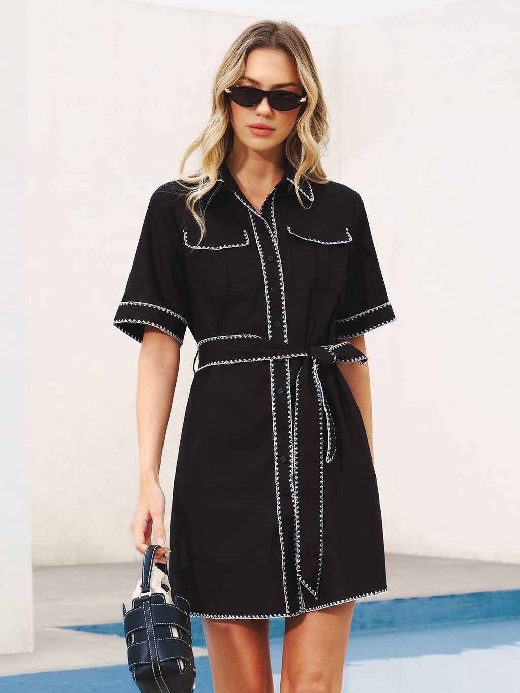 Contrast Stitch Shirt Dress with Belt Detail