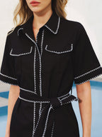 Contrast Stitch Belted Dress with Shirt Details