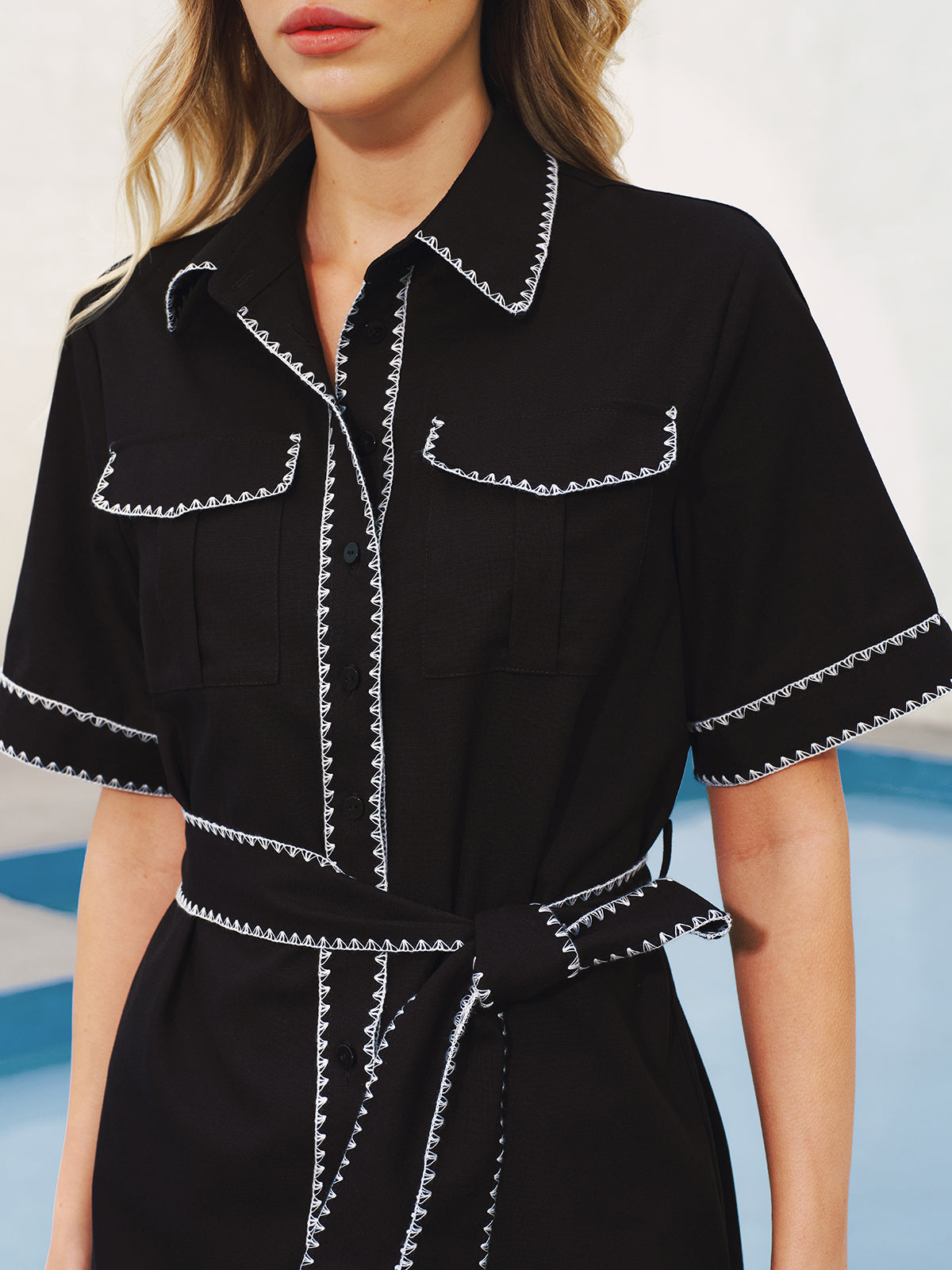 Belted Shirt Dress with Contrast Stitching Details