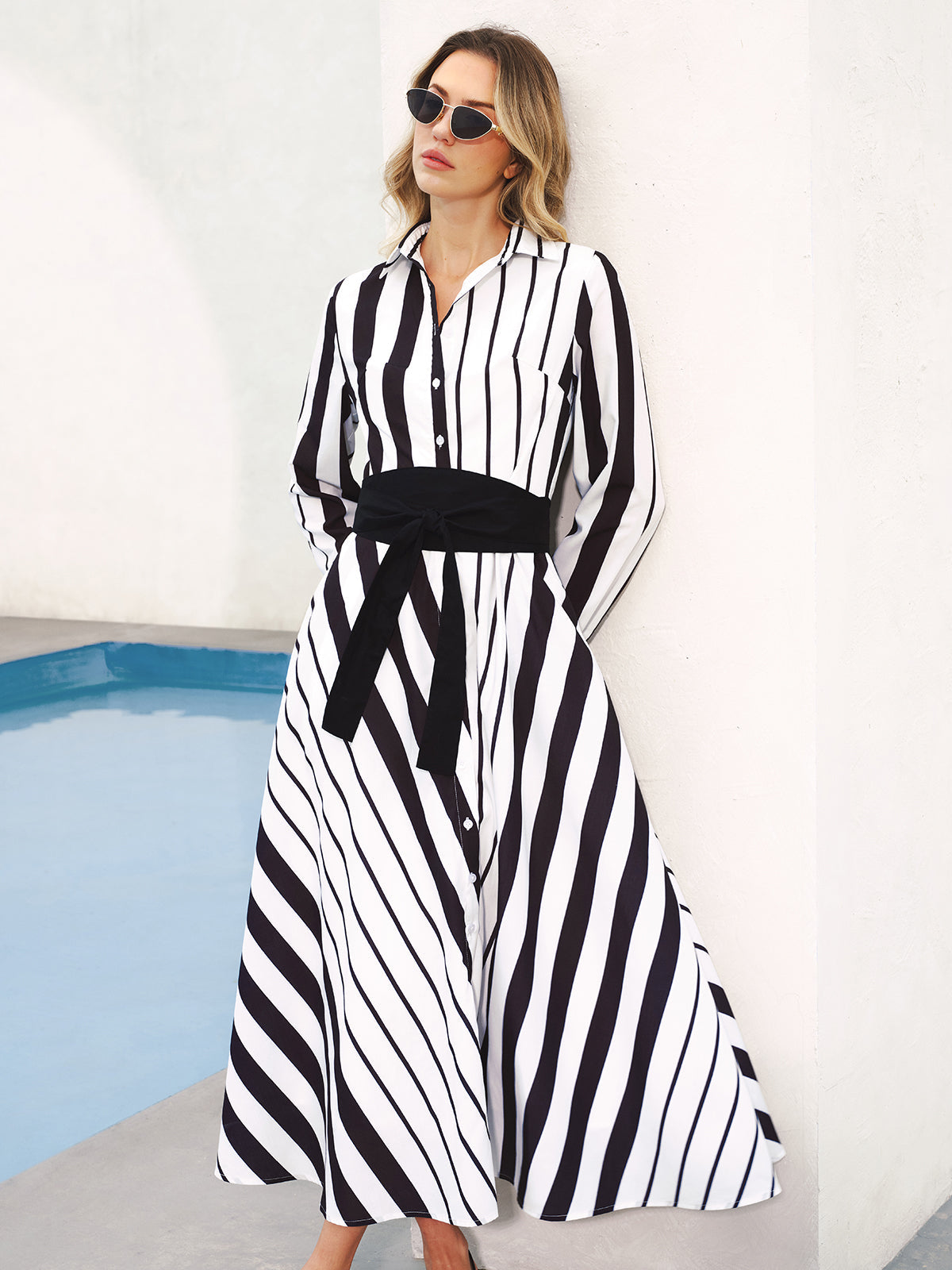 Striped Midi Dress with Belt and Shirt Detail