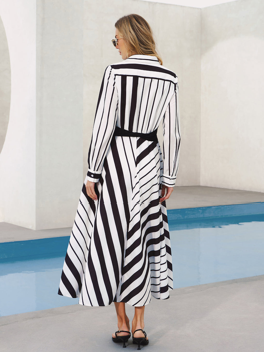 Striped Midi Dress with Belted Waist Detail