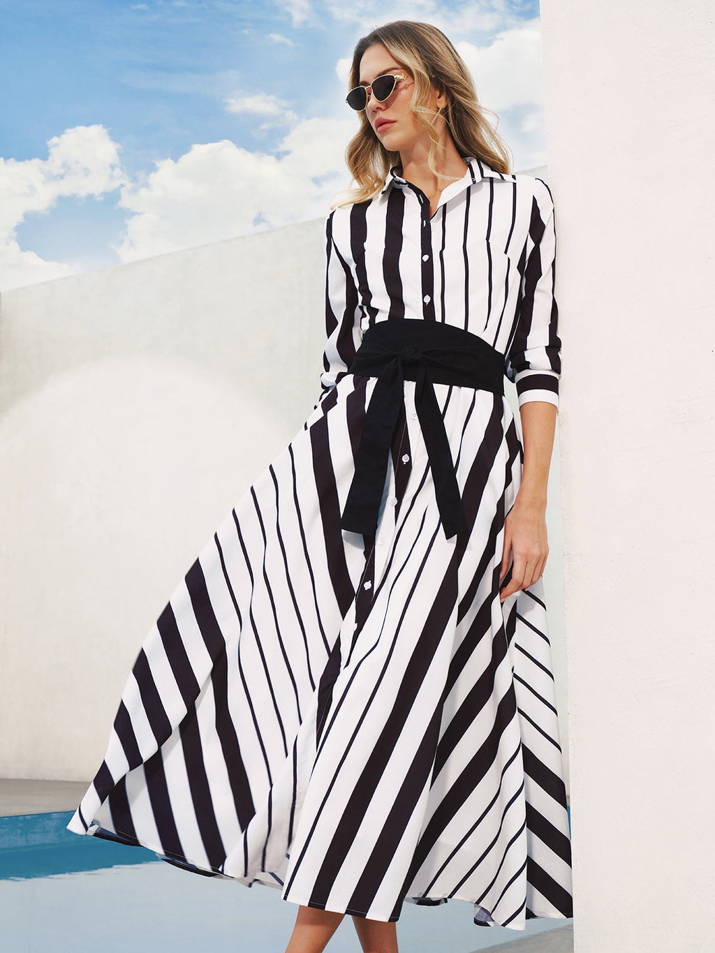 Striped Midi Dress with Belted Waist Detail