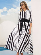 Striped Midi Dress with Belted Waist Detail
