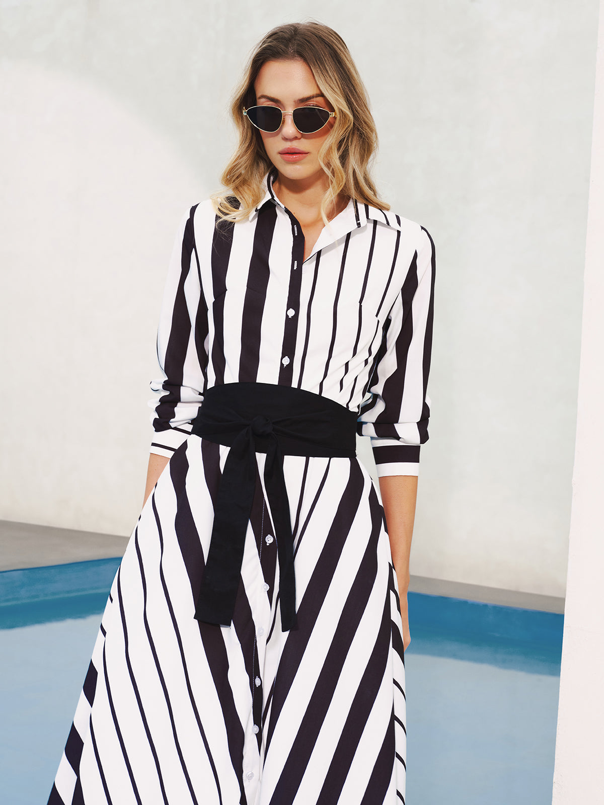 Striped Midi Dress with Belted Waist Detail