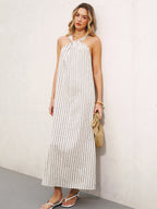 Halter Neck Striped Cotton-Linen Maxi Dress