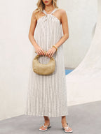 Striped Halter Neck Cotton-Linen Maxi Dress