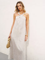 Halter Neck Striped Cotton-Linen Maxi Dress