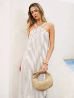 Halter Neck Striped Cotton-Linen Maxi Dress