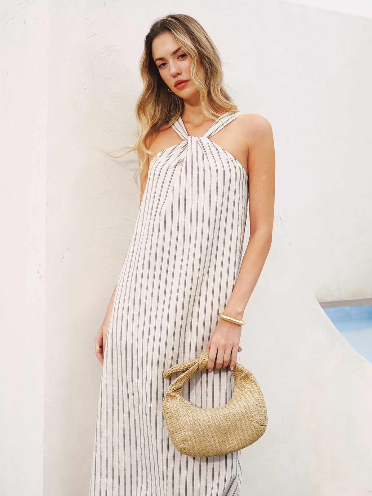 Halter Neck Striped Cotton-Linen Maxi Dress