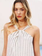 Halter Neck Striped Cotton-Linen Maxi Dress