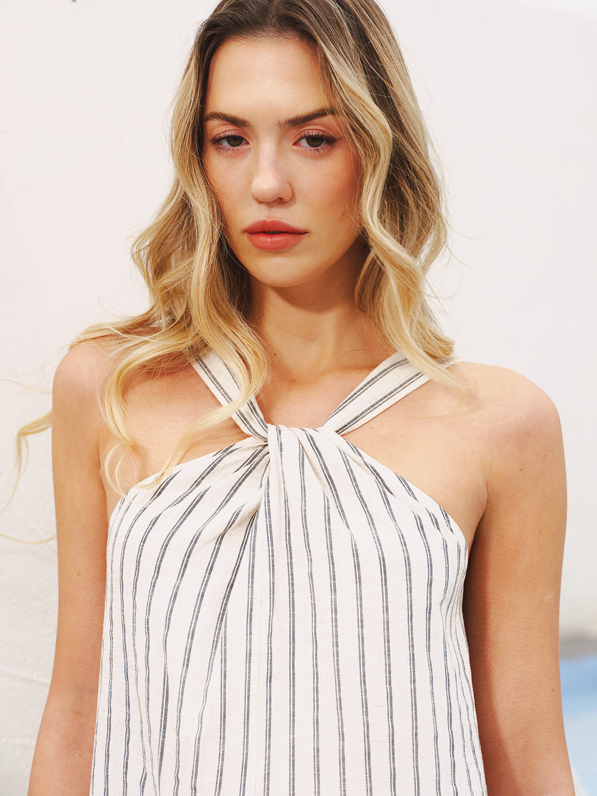Striped Halter Neck Cotton-Linen Maxi Dress