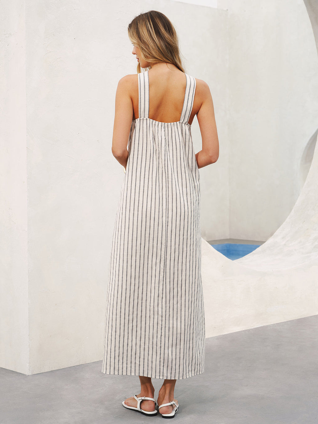 Halter Neck Striped Cotton-Linen Maxi Dress