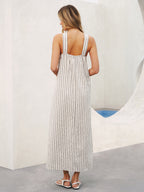 Halter Neck Striped Cotton-Linen Maxi Dress