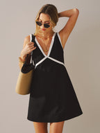 Relaxed Linen-Blend Mini Dress with Contrast Trim