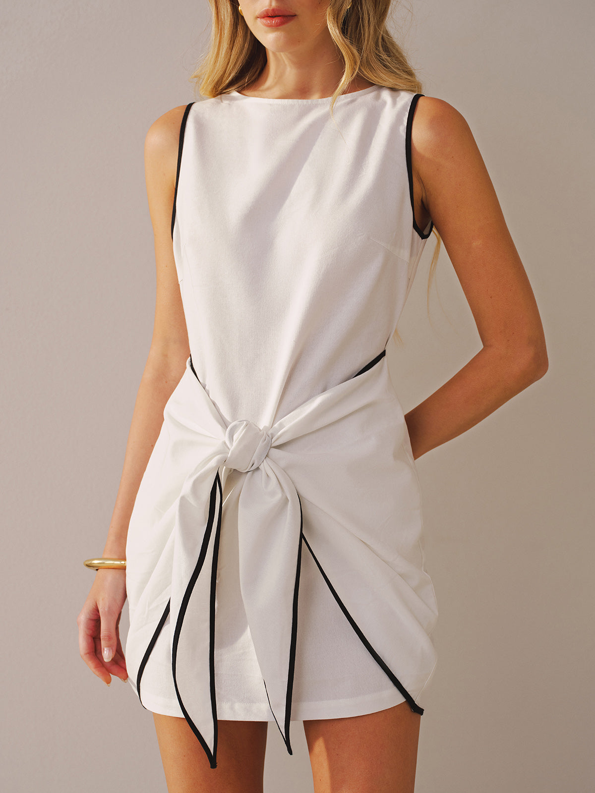 Cotton-Linen Knot-Waist Sleeveless Mini Dress