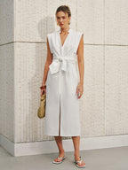 Cotton-Linen V-Neck Sleeveless Dress with Bow Split
