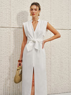 Cotton-Linen V-Neck Sleeveless Dress with Bow Split