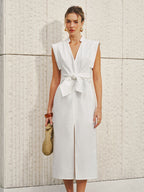 Cotton-Linen V-Neck Dress with Sleeveless Bow Split Design
