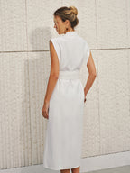 Cotton-Linen V-Neck Dress with Sleeveless Bow Split Design