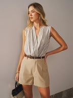 Cotton Linen Striped Sleeveless Wrap-Style Bodysuit
