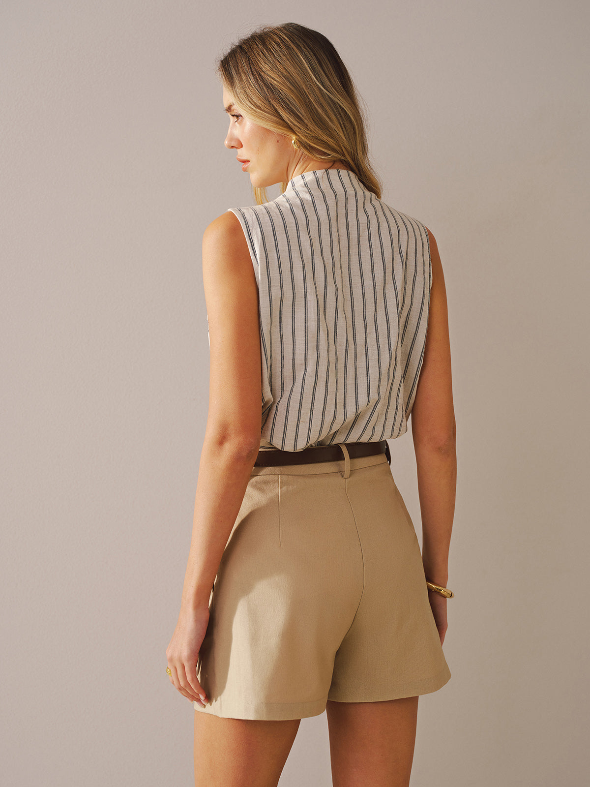 Cotton Linen Striped Sleeveless Wrap-Style Bodysuit