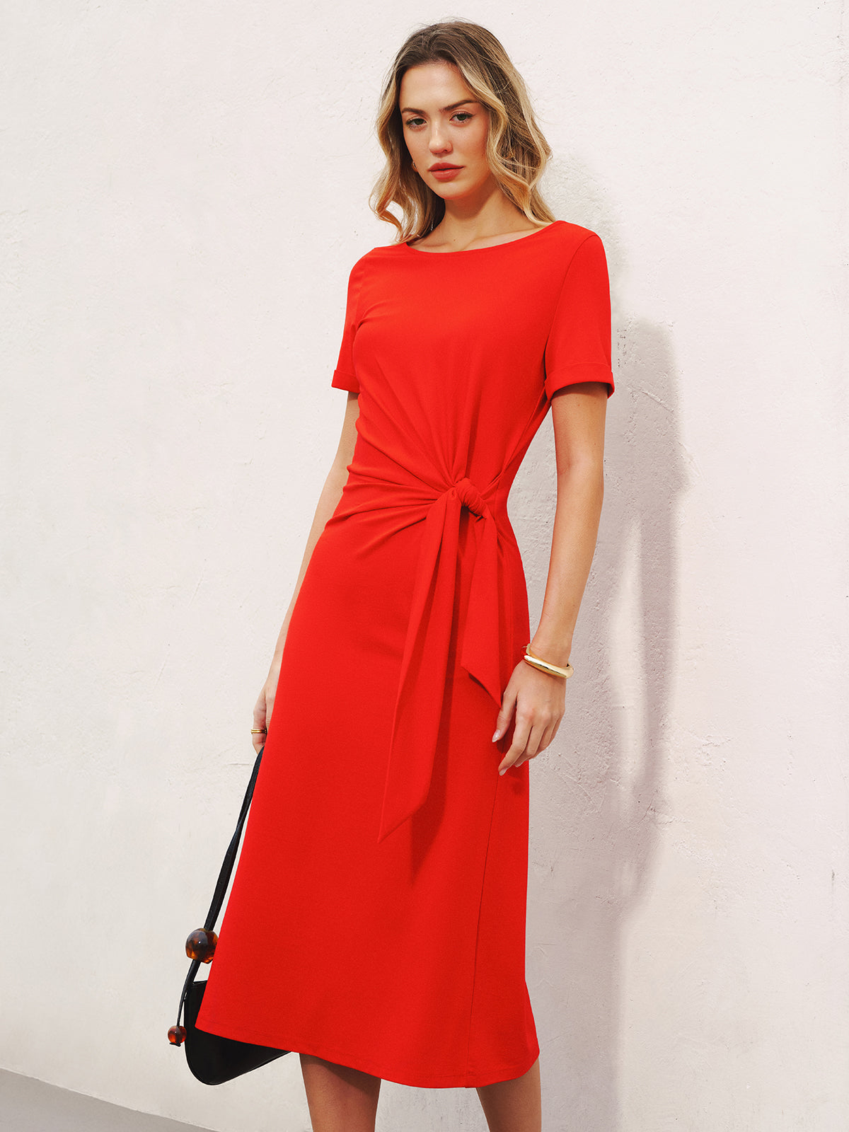 Short Sleeve Midi Dress with Knotted Waist Detail
