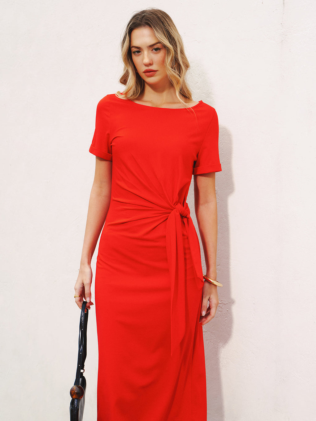 Knotted Waist Midi Dress with Short Sleeves
