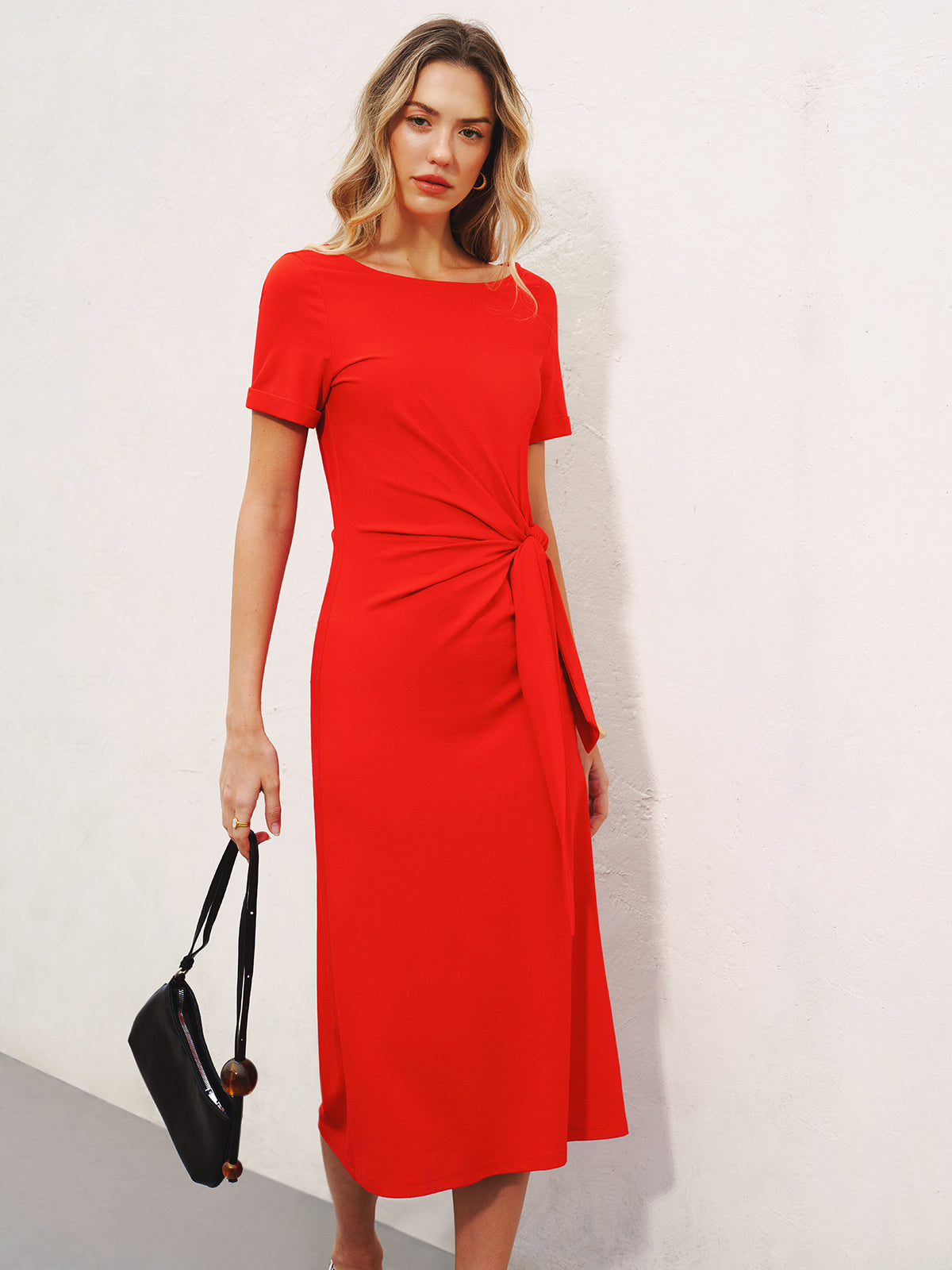 Short Sleeve Midi Dress with Knotted Waist Detail