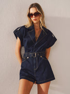 Chic Denim Romper with Belted Collar Detail