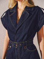 Denim Romper with Belted Collar Design