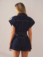 Denim Romper with Belted Collar Design