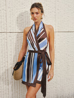 Striped Satin Halter Wrap-Style Mini Dress