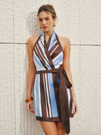 Striped Satin Halter Wrap-Style Mini Dress