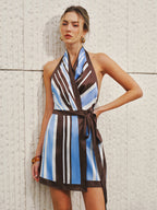 Striped Satin Halter Wrap Dress Mini Style