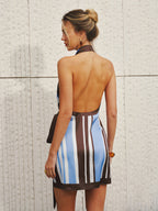 Striped Satin Halter Wrap Mini Dress