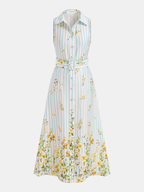 Striped Sleeveless Midi Dress with Floral Pattern and Belt