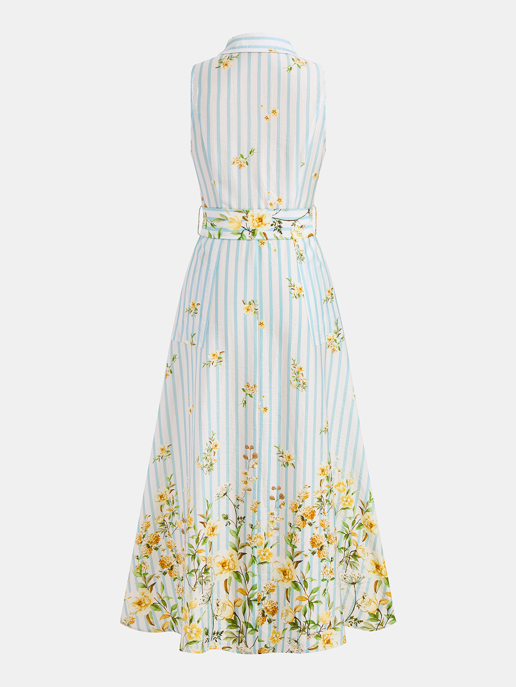 Striped Sleeveless Midi Dress with Floral Pattern and Belt