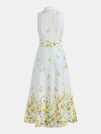 Striped Sleeveless Midi Dress with Floral Pattern and Belt