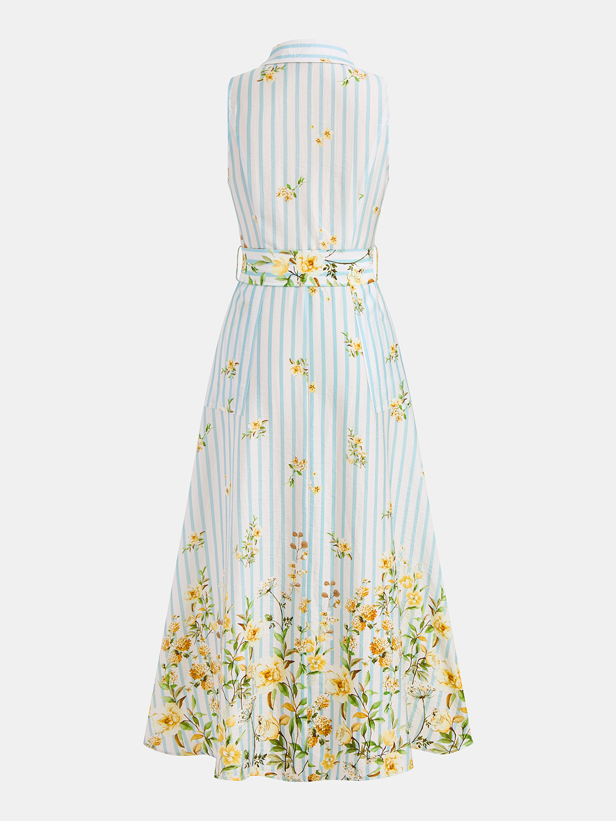 Striped Sleeveless Midi Dress with Floral Pattern and Belt