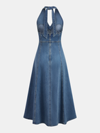 Sleeveless Denim Midi Dress with Halter Neckline