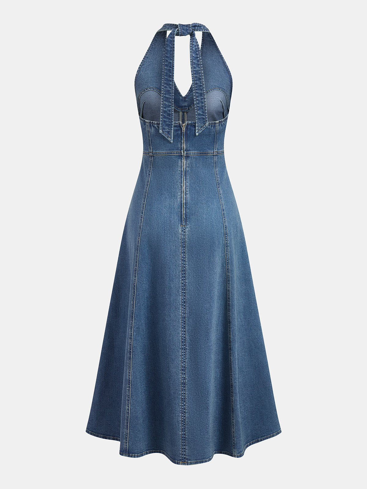 Sleeveless Denim Midi Dress with Halter Neckline