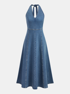 Sleeveless Denim Midi Dress with Halter Neckline
