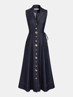 Sleeveless Belted Denim Maxi Dress with Button Details