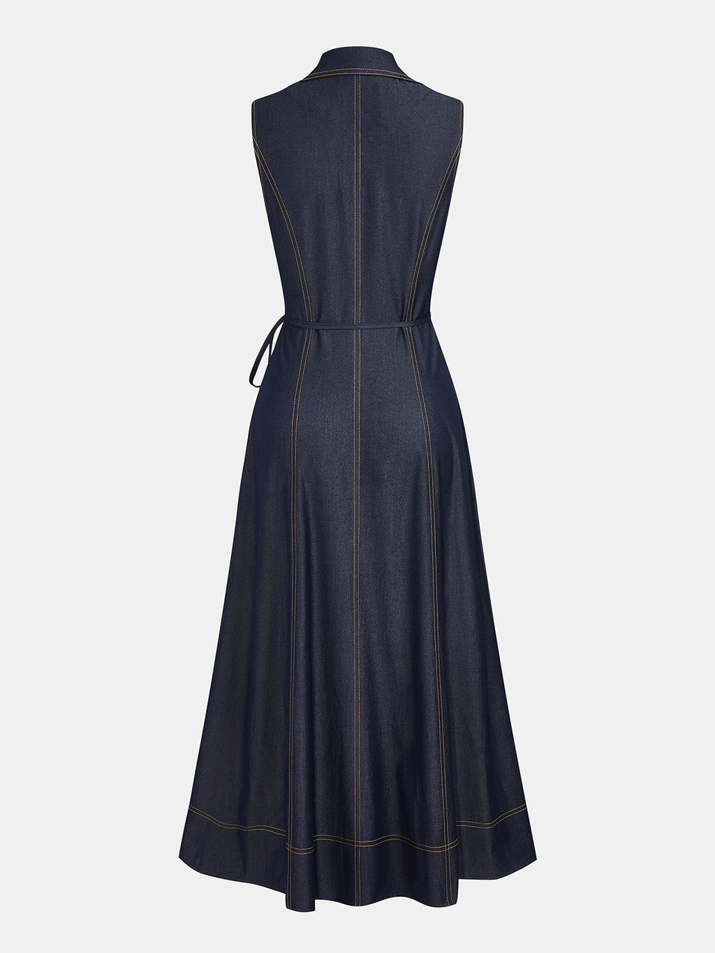 Sleeveless Belted Denim Maxi Dress with Button Details